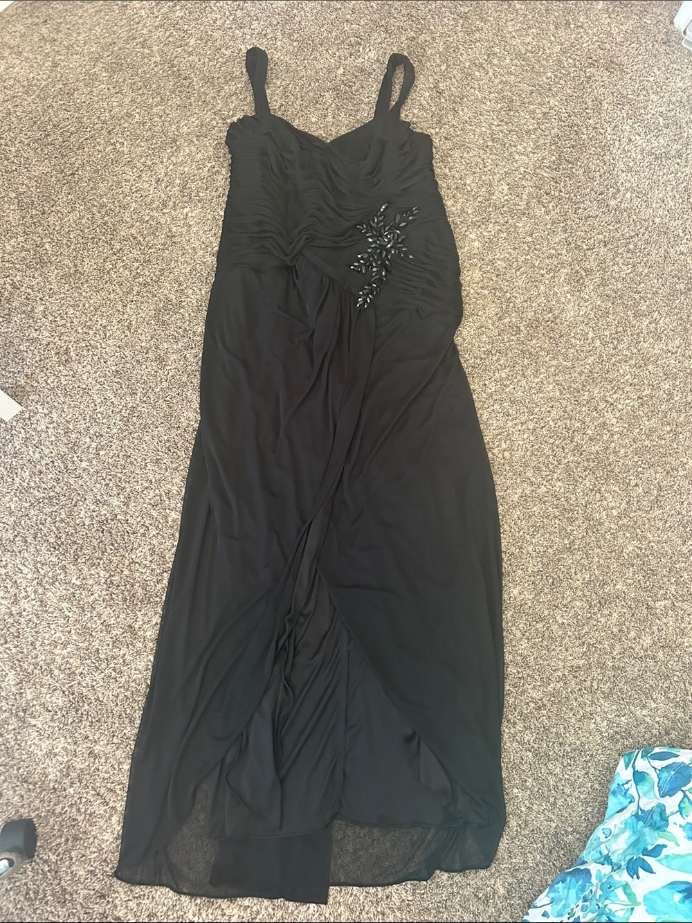 Adrianna Papell Black Ruched Maxi Dress with Beaded Detail